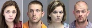 Photos of (L-R) Ashley Carter, Justin Long, Tiffany Taylor, & Joshua Lee Miller courtesy of Brazos County's Judicial Records Search at: http://justiceweb.co.brazos.tx.us 