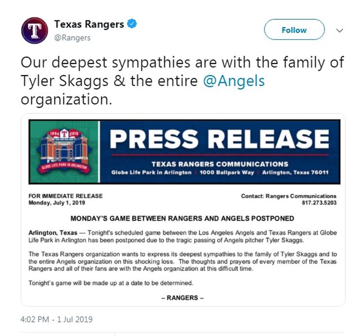 Tyler Skaggs: Former Reno Aces pitcher dies, Angels-Rangers game canceled