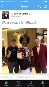 Tweet sent by Bowen Loftin (@aggieprez) prior to the A&M-Missouri football game.