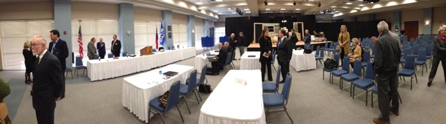 View of the student center banquet room where the Blinn trustees met and in the background the set for a play.