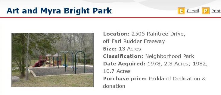 Screen shot from cstx.gov of the newly renamed Art and Myra Bright Park.