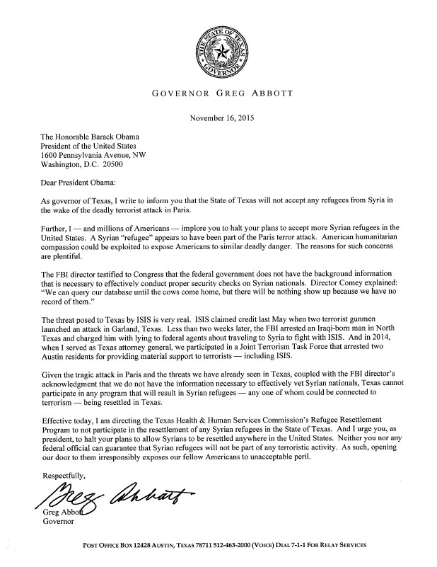 Text Of Governor Abbotts Letter To The President Regarding Syrian Refugees Wtaw 1620am And 945fm 9587