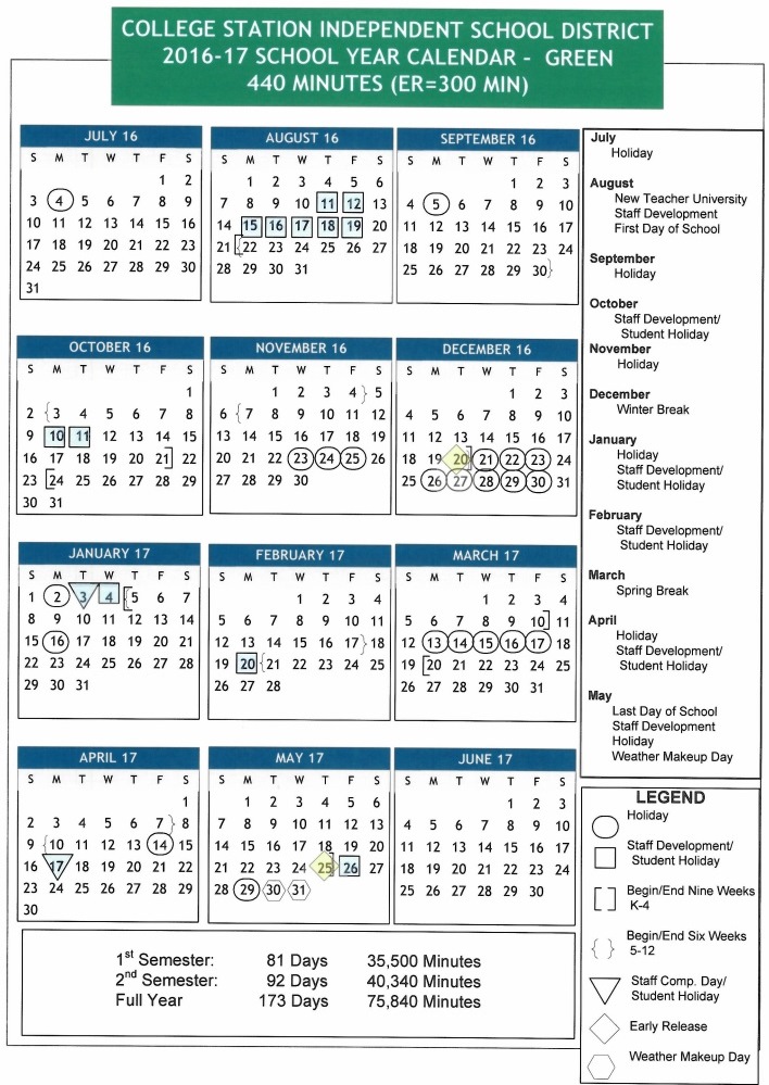 Screen shot of the College Station ISD 2016-17 school calendar.