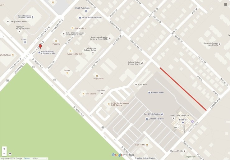 Google map with the Eisenhower Street extension in red courtesy of the city of College Station.