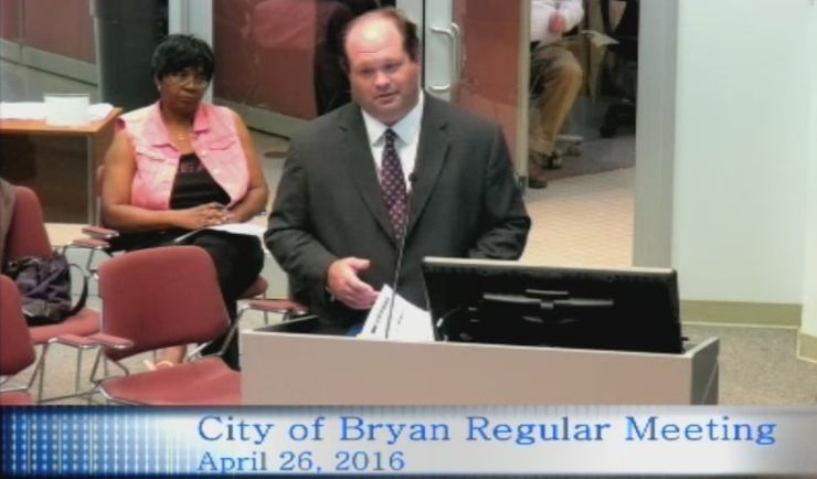 Screen shot of Dallas CPA Brian Reed's appearance at the Bryan city council meeting, April 26 2016.