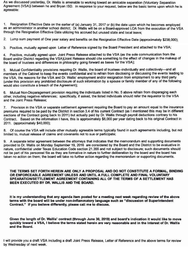 Screen shot of an e-mail provided by Bryan ISD as part of an open records request by WTAW News. This email was sent September 22, 2016 by Tommy Wallis's lawyer to lawyers representing Bryan ISD.