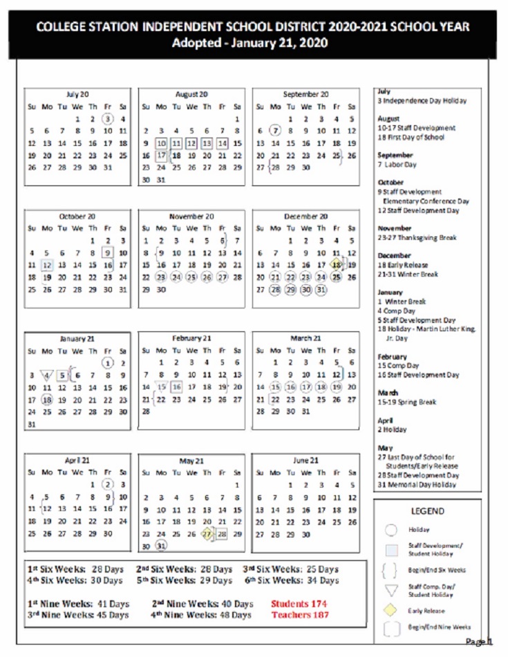 College Station School Board Adopts A 2020-2021 School Year Calendar
