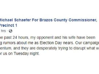 Screen shot from a July 10, 2020 post from the Facebook page Michael Schaefer for Brazos County Commissioner, Precinct 1.