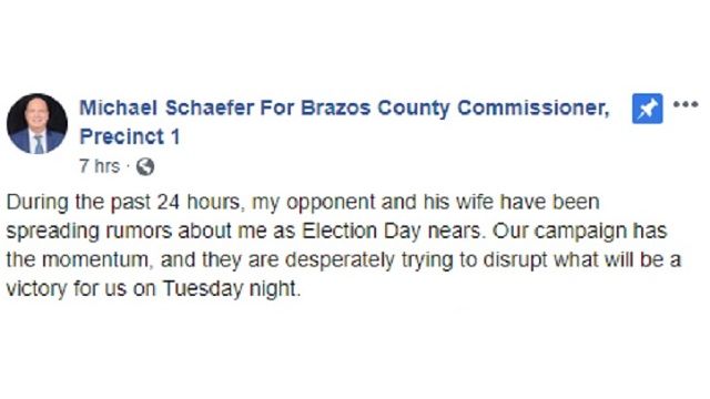 Screen shot from a July 10, 2020 post from the Facebook page Michael Schaefer for Brazos County Commissioner, Precinct 1.