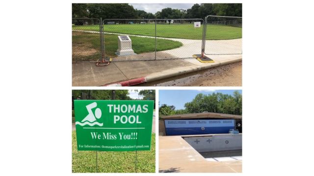Top photo is the green space following the removal of the Thomas Park pool as of 7/27/2020, bottom left photo is a yard sign near Thomas Park, and bottom right is the old Thomas Park pool on 4/26/2019.