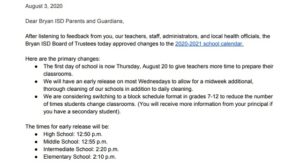Screen shot showing a portion of a letter e-mailed by Bryan ISD superintendent Christie Whitbeck to parents on August 3, 2020.