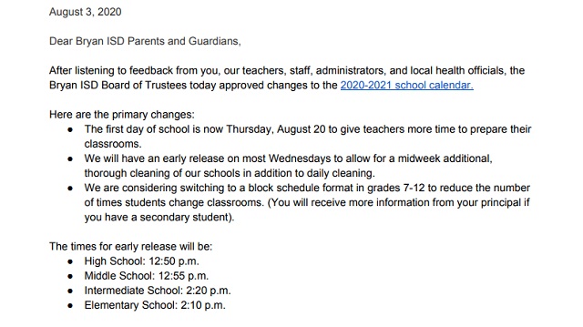 Screen shot showing a portion of a letter e-mailed by Bryan ISD superintendent Christie Whitbeck to parents on August 3, 2020.