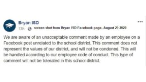 Screen shot from Bryan ISD's Facebook page.