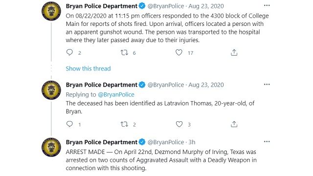 Screen shot from the Bryan police department's Twitter account.