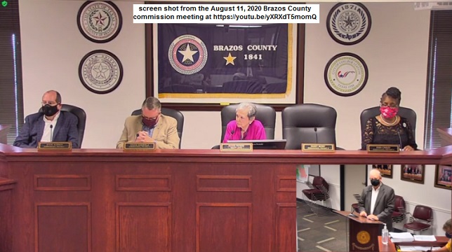 screen shot from the August 11, 2020 Brazos County commission meeting at https://youtu.be/yXRXdT5momQ