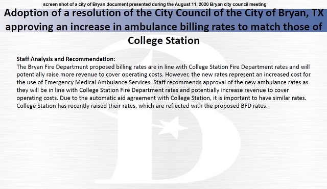 Screen shot from presentation materials during the August 11, 2020 Bryan city council meeting.