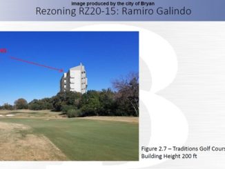 Image produced by the city of Bryan if a 200 foot tall structure was built on land at the location of a proposed zoning change, from the perspective of the Traditions golf course.