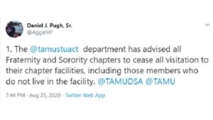 Screen shot from the Twitter account of Texas A&M vice president of student affairs Daniel Pugh.