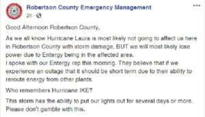 Screen shot from the Robertson County emergency management Facebook page.