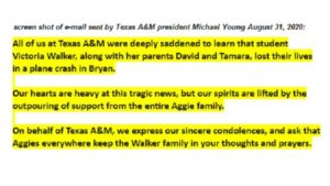 Screen shot of Texas A&M e-mail sent to WTAW News with a statement from president Michael Young.