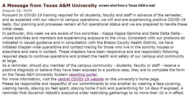 Screen shot of e-mail from Texas A&M.