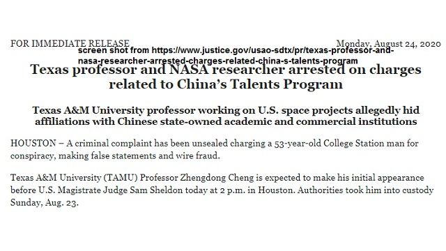 Screen shot from https://www.justice.gov/usao-sdtx/pr/texas-professor-and-nasa-researcher-arrested-charges-related-china-s-talents-program