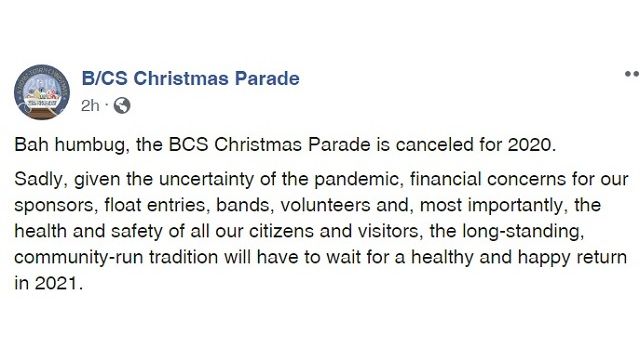 Screen shot from the B/CS Christmas Parade Facebook page, September 22 2020.