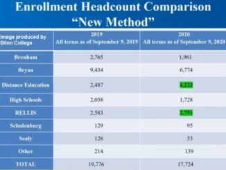 Blinn College fall semester 2020 enrollment table produced by Blinn College.