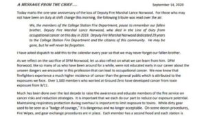 Screen shot of the start of the letter written by College Station fire chief Richard Mann, September 14 2020.