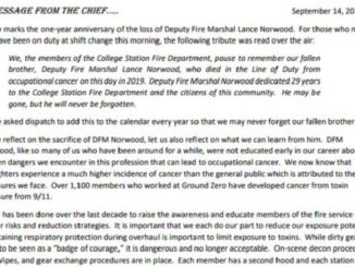 Screen shot of the start of the letter written by College Station fire chief Richard Mann, September 14 2020.