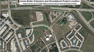 Image from the city of College Station shows in the red circle the location of the Jones Butler Road extension project.
