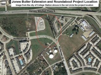 Image from the city of College Station shows in the red circle the location of the Jones Butler Road extension project.