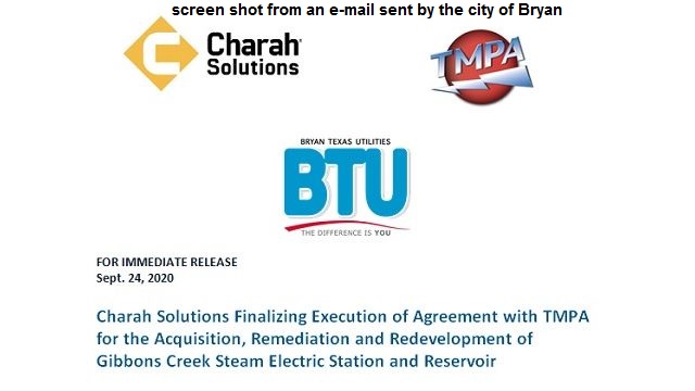 Screen shot from an e-mail sent by the city of Bryan, September 24 2020.