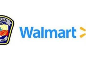 Screen shots of Bryan police department patch and Walmart logo.