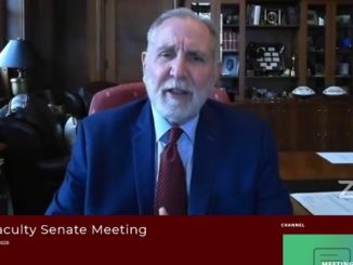 Screen shot from the September 14, 2020 Texas A&M faculty senate meeting of president Michael Young.