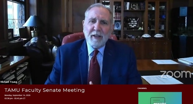 Screen shot from the September 14, 2020 Texas A&M faculty senate meeting of president Michael Young.