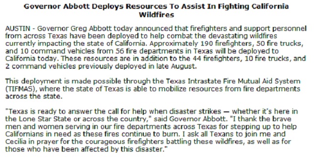 Screen shot of an e-mail news release from Governor Abbott's office sent September 11, 2020.