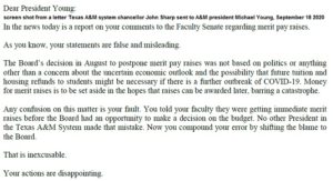 Screen shot from a letter Texas A&M system chancellor John Sharp sent to Texas A&M president Michael Young dated September 18, 2020.