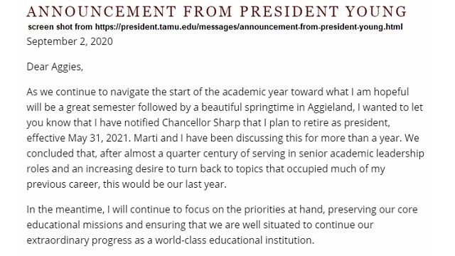 Screen shot from https://president.tamu.edu/messages/announcement-from-president-young.html