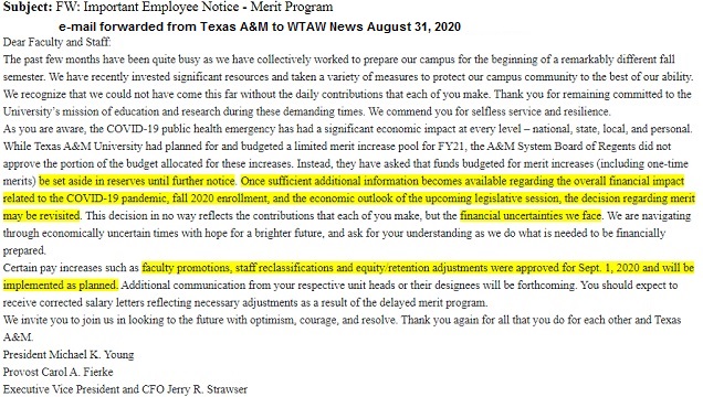 Screen shot of e-mail sent to Texas A&M employees August 27, 2020.