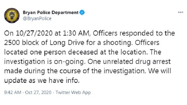 Screen shot from the Bryan police department's Twitter account.