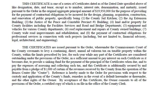 Screen shot from the document approved by Brazos County commissioners during their October 6, 2020 meeting.