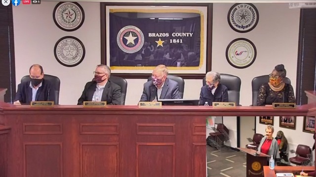 Screen shot from the video stream of the October 27, 2020 Brazos County commission meeting. Voter Janelle Crenshaw is in the lower right hand corner of the image.