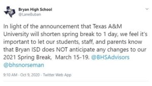 Screen shot from the Twitter account of Bryan High School principal Lane Buban.