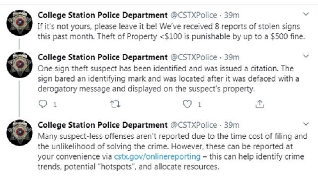 Screen shots from the College Station police department's Twitter account.