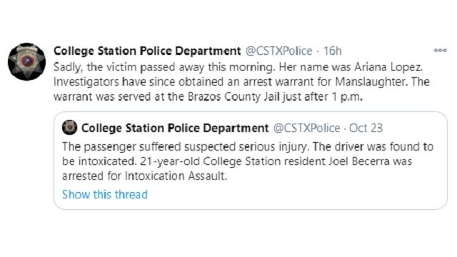 Tiro de pantalla da policía da estación universitaria Conta de Twitter do Departamento.'s Twitter account.