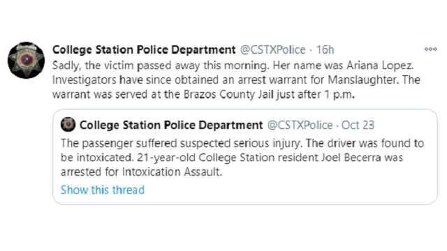 Screen shot from the College Station police department's Twitter account.