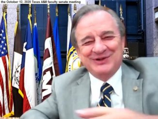 Screen shot of Texas A&M system chancellor John Sharp from the webstream of the October 12, 2020 Texas A&M faculty senate meeting.