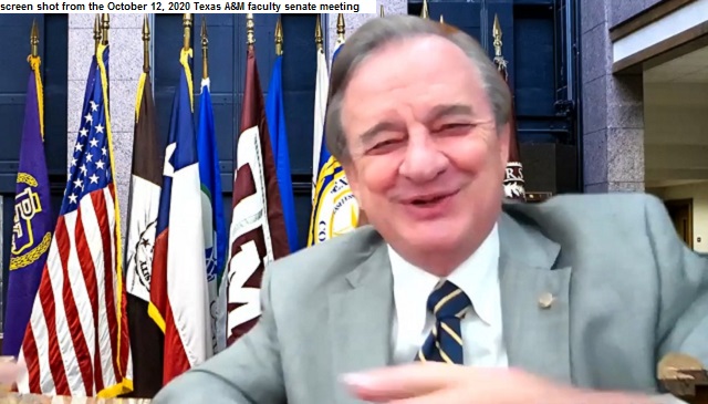 Screen shot of Texas A&M system chancellor John Sharp from the webstream of the October 12, 2020 Texas A&M faculty senate meeting.