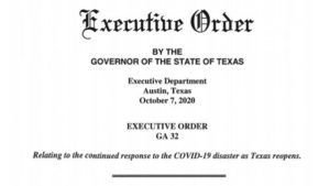Screen shot from Governor Abbott's October 7, 2020 executive order.